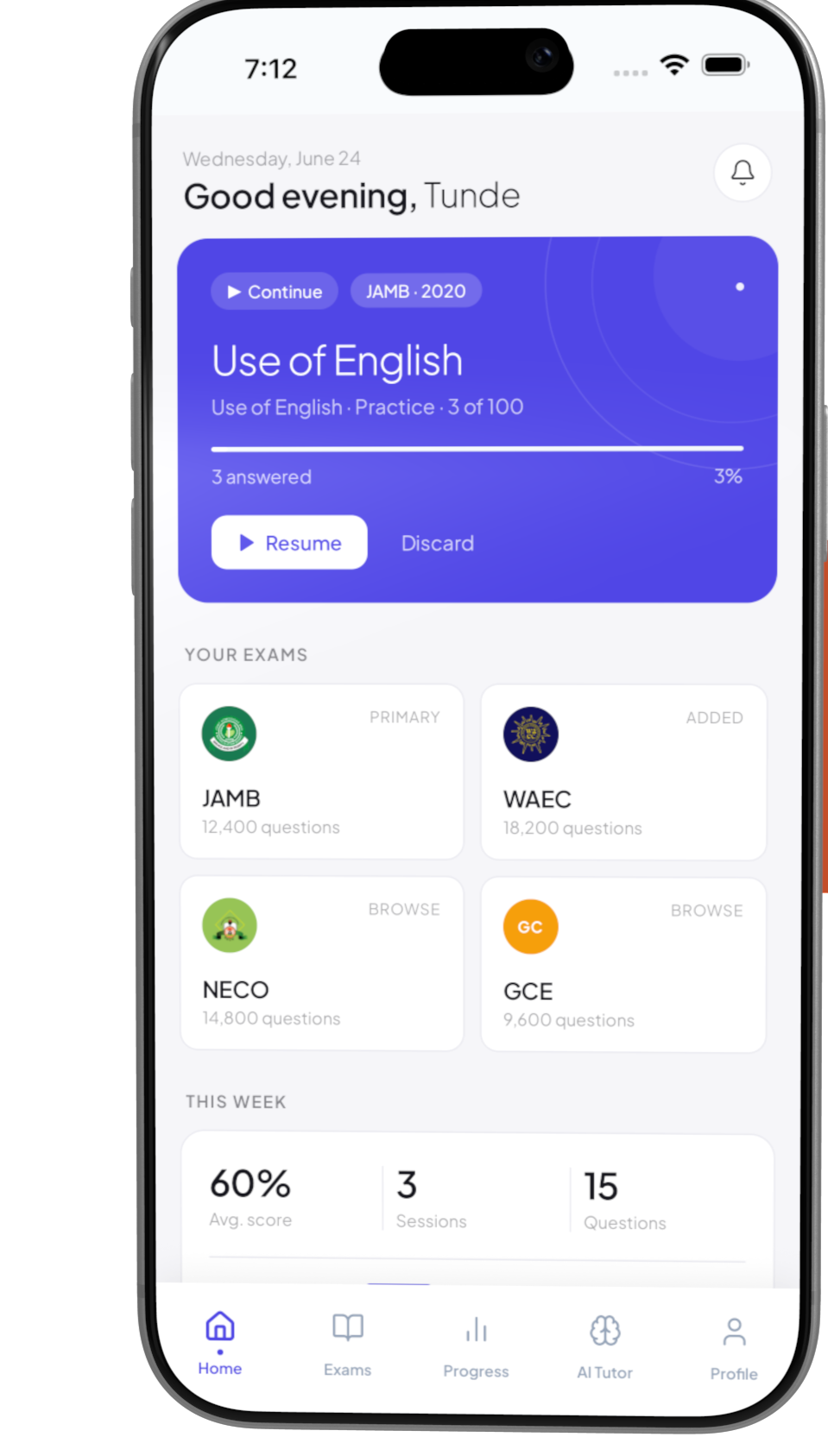 ExamCo home screen